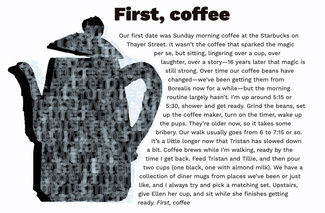 The full layout with text wrapping around the coffee pot, and another layer of text filling it
