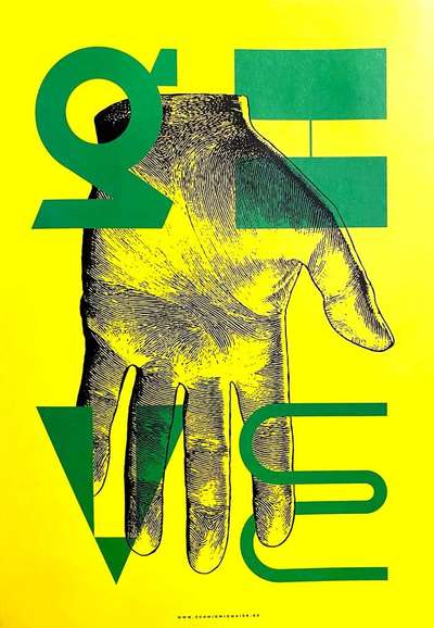 Illustration of a hand with over- and under-lapping letterforms