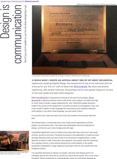 Now the new web layout with a vertically set headline, styled first line and lede paragraph and outset photos