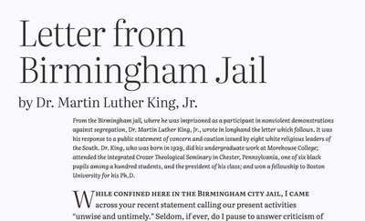 The introduction to Dr. King's Letter from Birmingham Jail