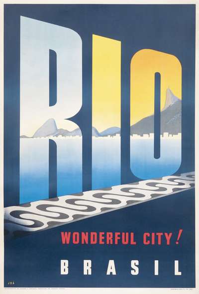 A travel poster with Rio set in large skewed type masking the water and coastline behind it