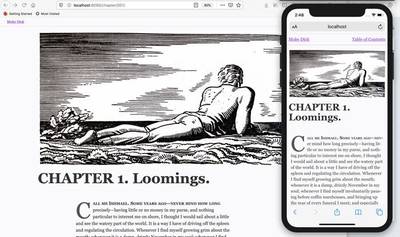 Small and large screen view of the first chapter, now with more refined typography and illustrations