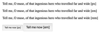 Examples of text set in pixels, EM, and REM units