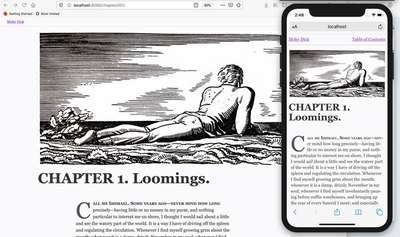 Small and large screen view of the first chapter, now with more refined typography and illustrations