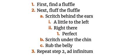 A nested ordered list with contrasting color for the list indicators